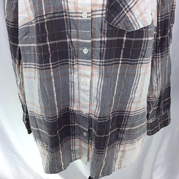 Faded Glory Top Womens Size 1X / 16W Gray Pink Plaid Long Sleeve Button Down - Picture 3 of 6